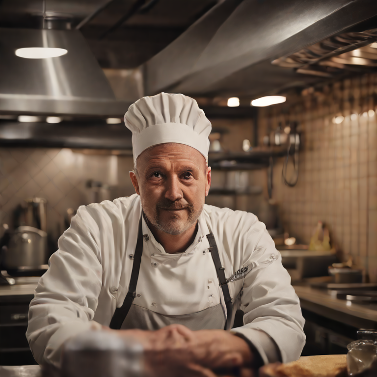 Cinematic chef portrait in a warm lit kitchen