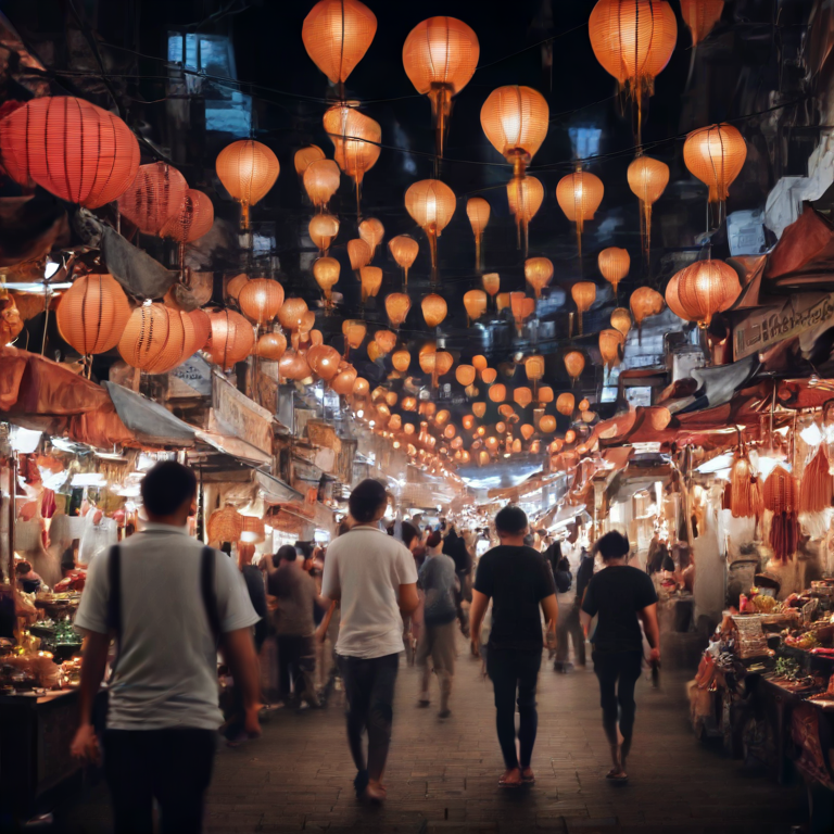 Crowded night market street scene with lanterns and steam
