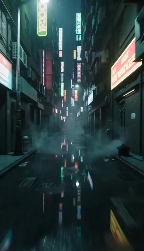 Still frame from a neon rainy alley prompt test