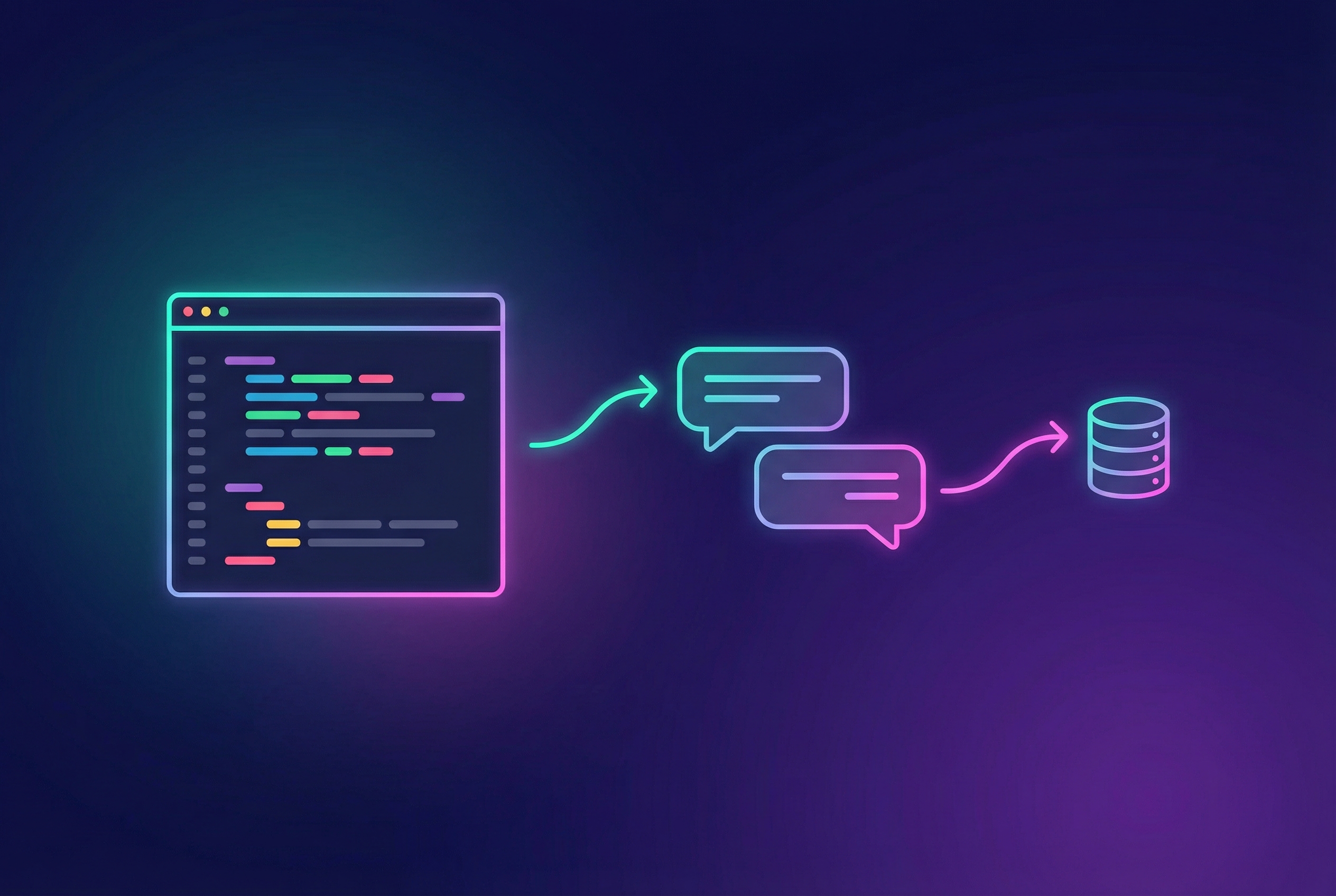 Illustration of a code editor window, chat bubbles, and a database icon connected with arrows