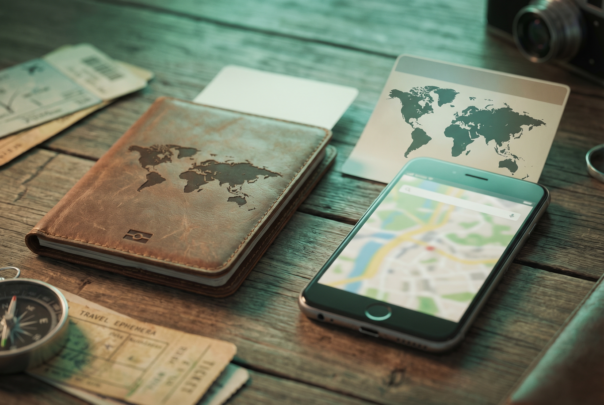 Passport and smartphone on a wooden table with green lighting