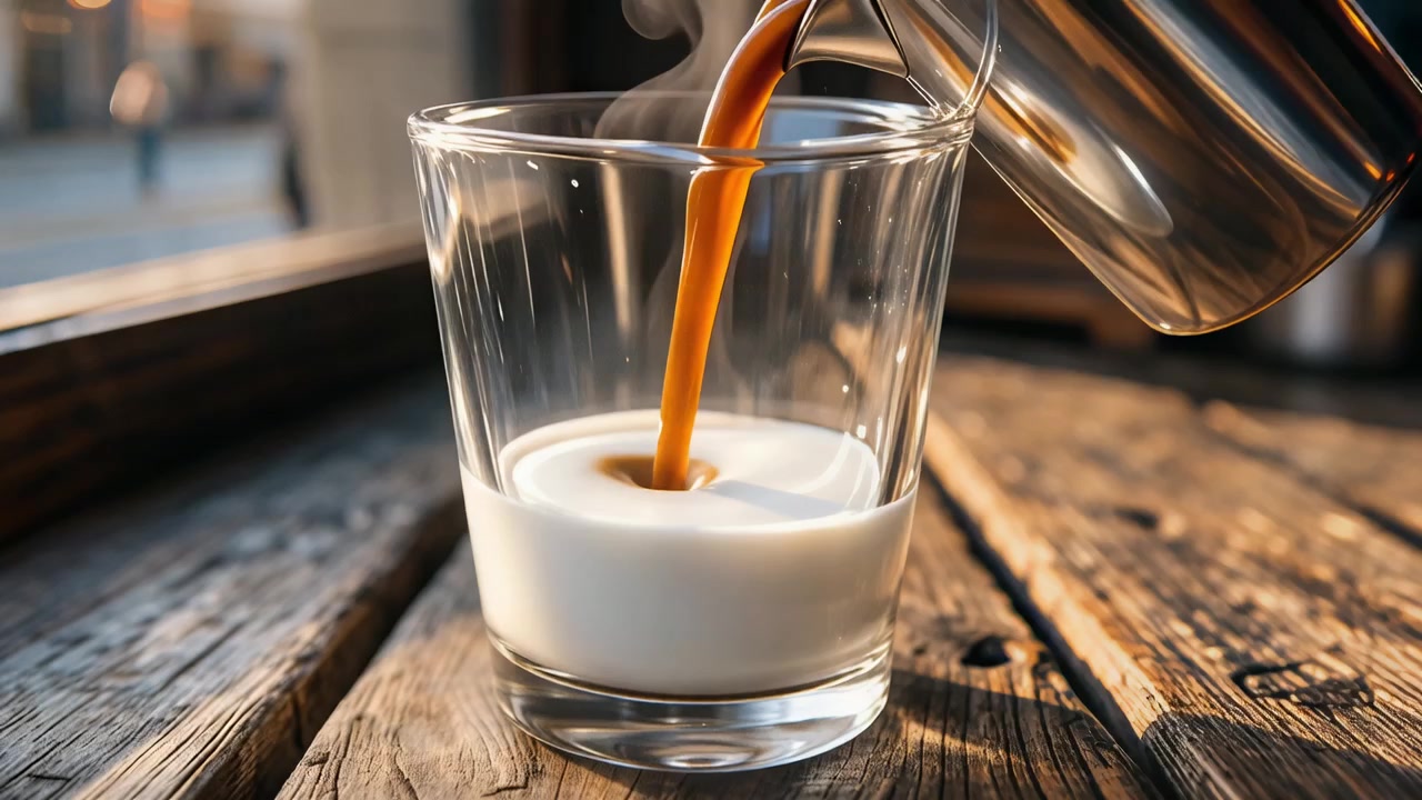 Still frame from a generated espresso macro video, used as the base for the cover