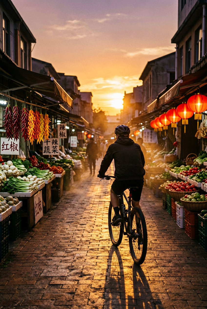 A cyclist riding through a covered market at dusk with warm backlight and long shadows