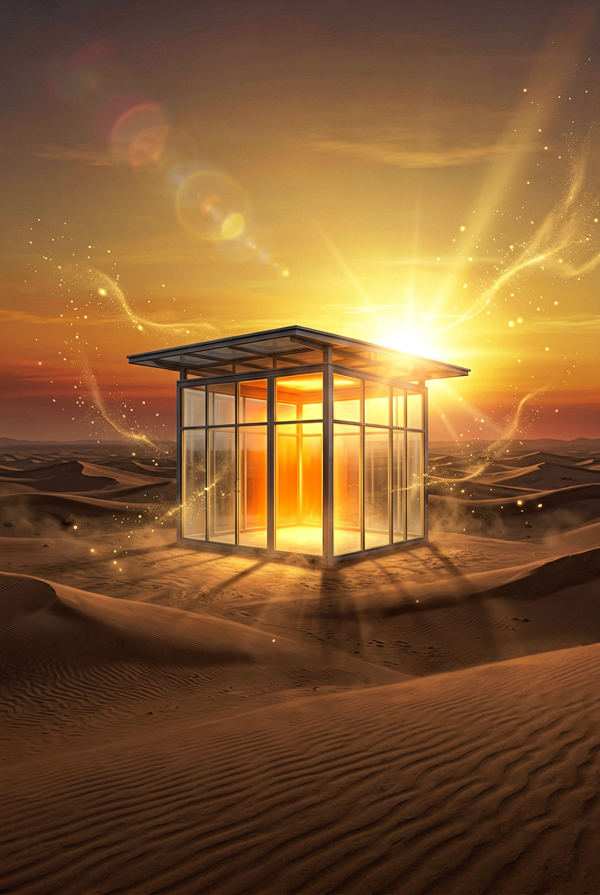 A glowing glass pavilion standing in a desert at sunset