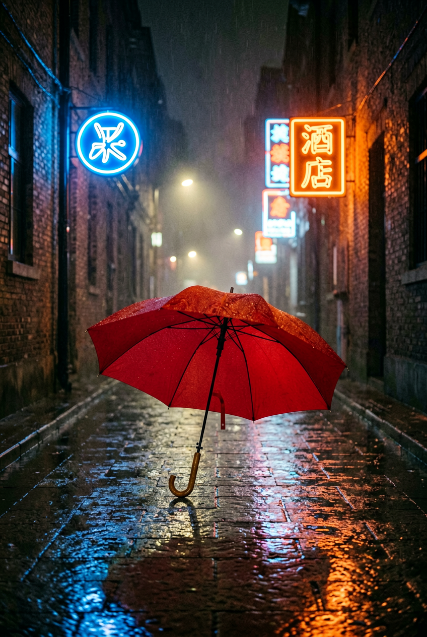 A rainy neon alley at night with a red umbrella and reflective pavement
