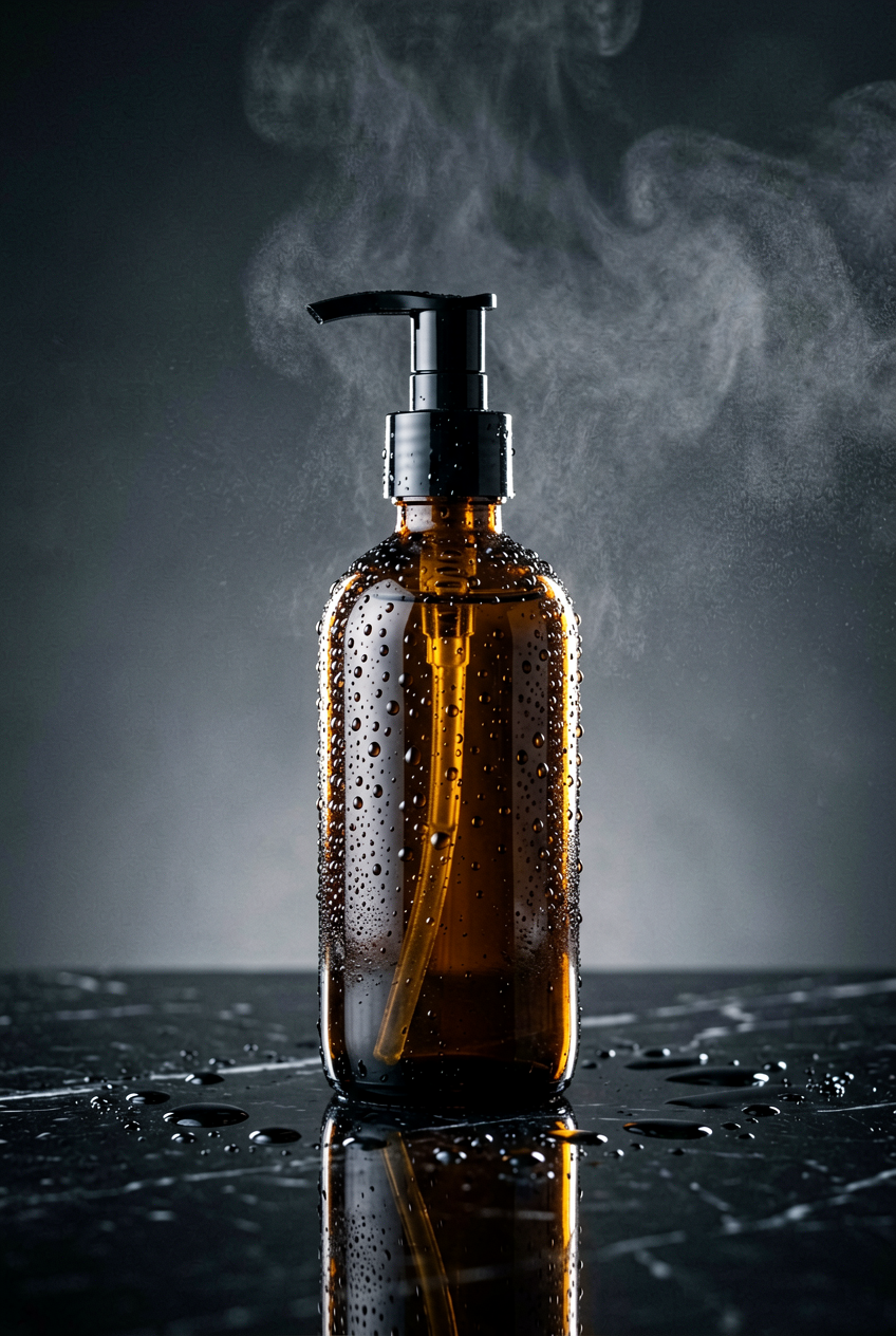 A skincare bottle on black marble with condensation and dramatic rim light