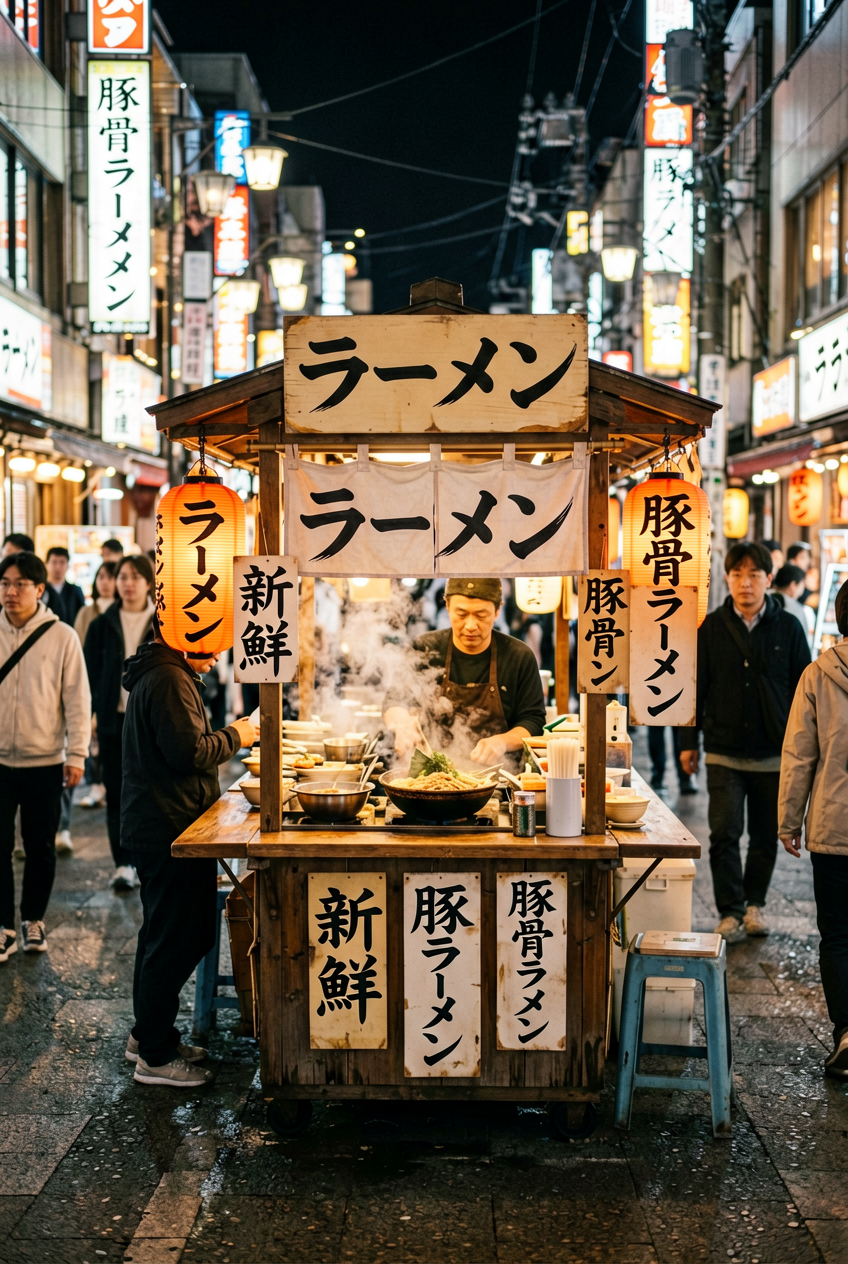A busy ramen stall at night with steam, neon lights, and crowded street energy