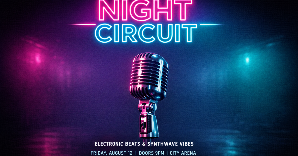 Neon concert poster with Night Circuit headline and dark chrome microphone