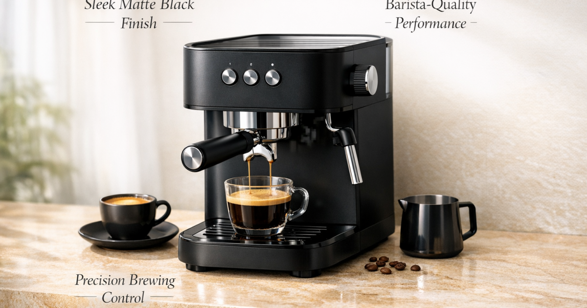 Luxury espresso machine product ad with callout labels on stone background