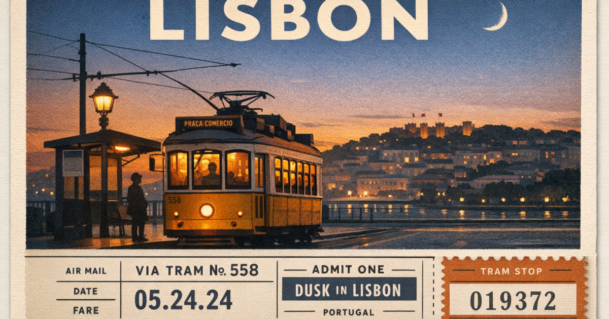 Lisbon tram stop travel postcard with layered ticket details at dusk