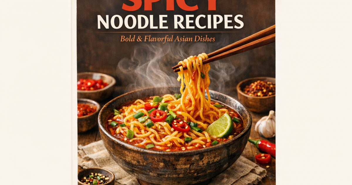 Spicy noodle cookbook cover with steam, bowl, chopsticks, and tidy margins