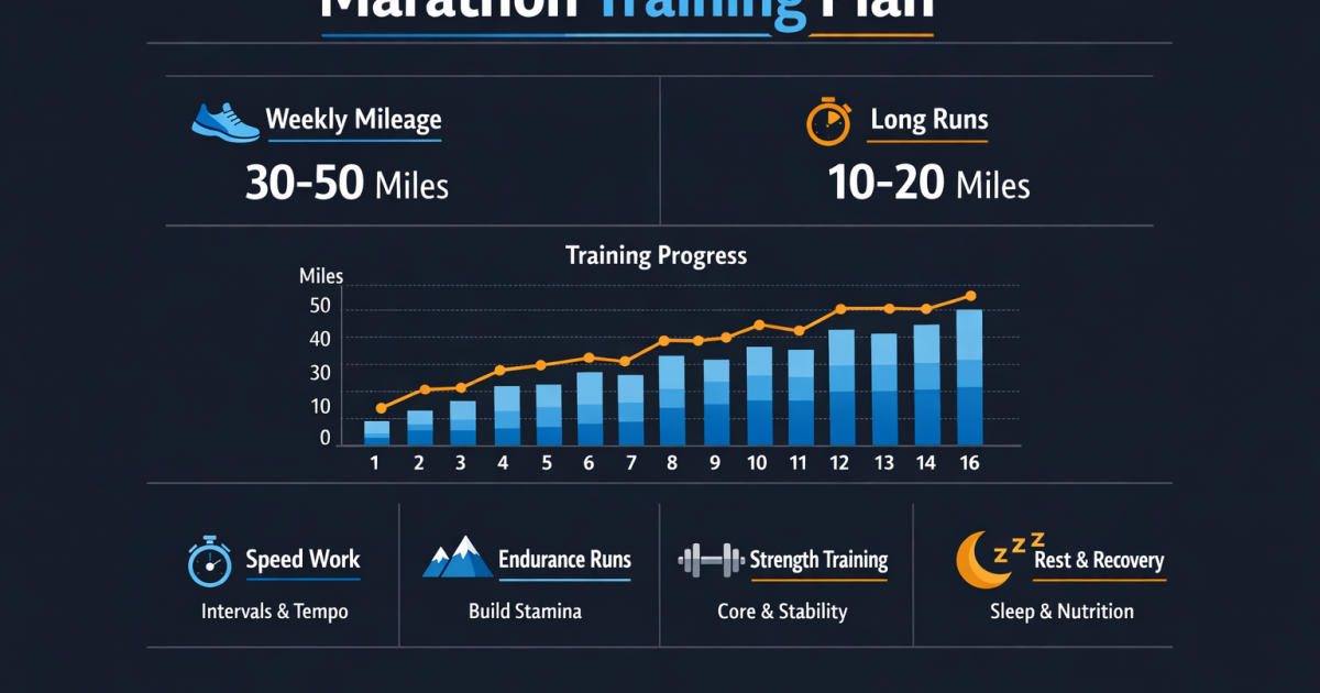 Marathon training infographic with aligned headings, chart, icons, and labels
