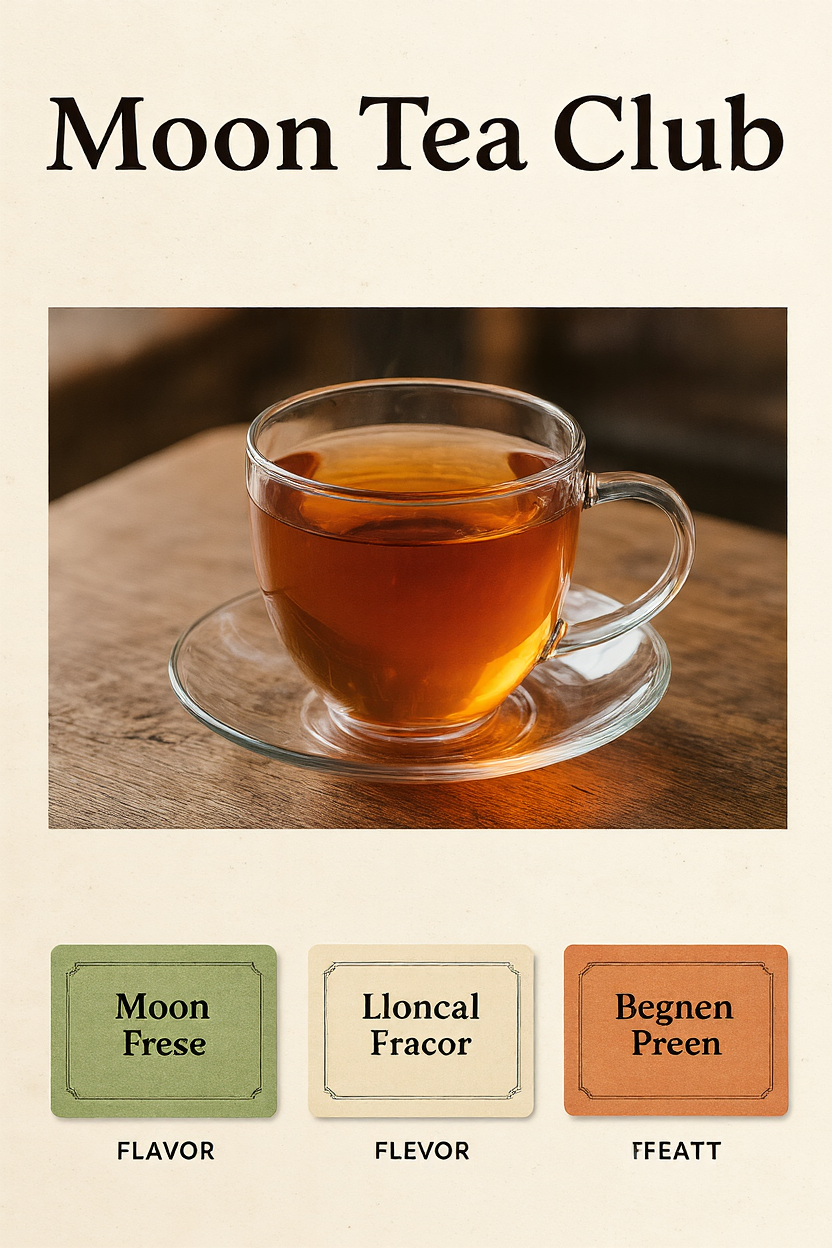 Tea shop poster with a centered cup, flavor cards, and a Moon Tea Club headline
