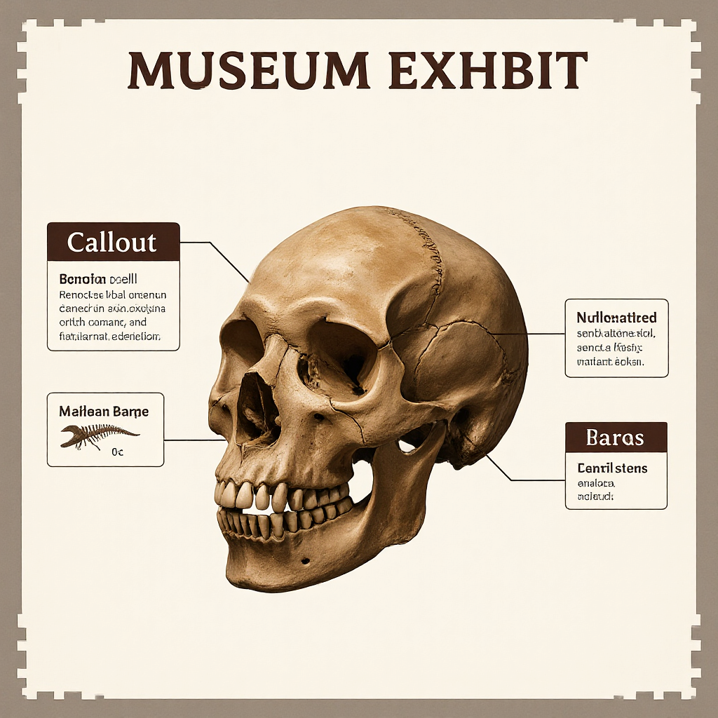 Museum exhibit layout with a fossil skull and structured callout boxes