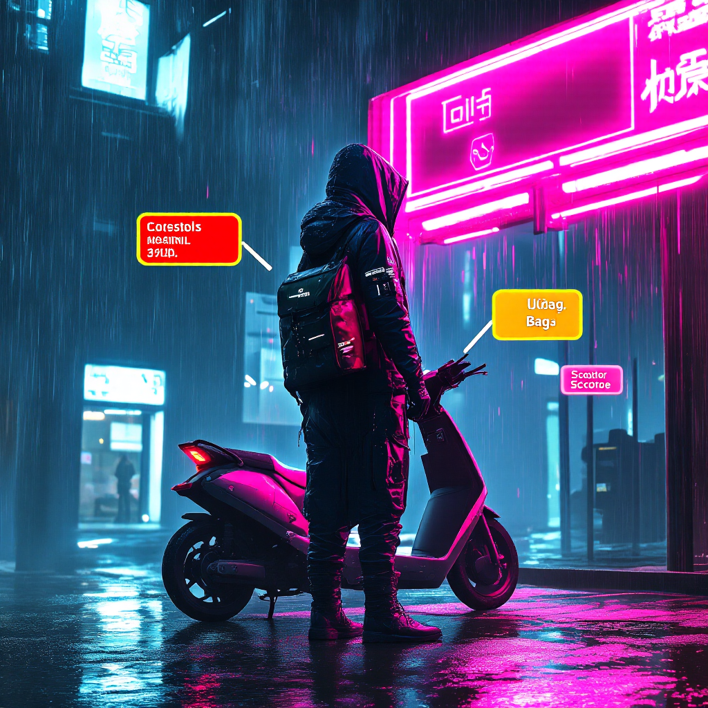 Neon cyberpunk courier scene with scooter labels and strong atmospheric lighting