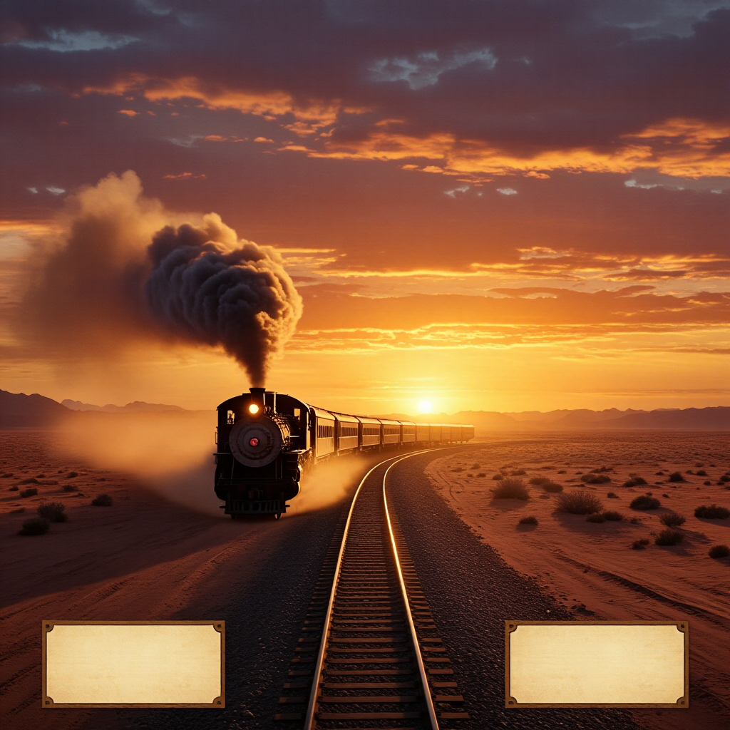 Desert train crossing at sunset with wide horizon and dramatic light