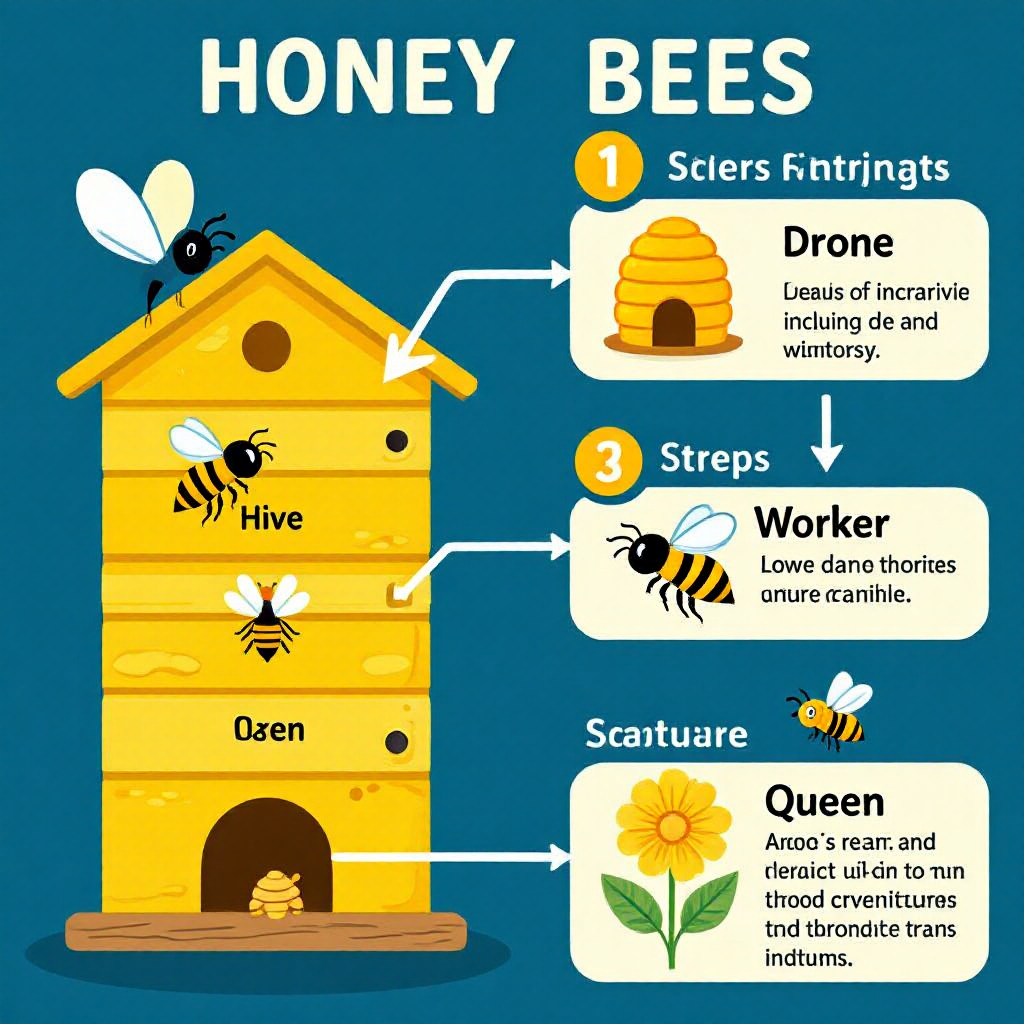 Honey bee infographic poster with arrows, roles, and a clean educational layout