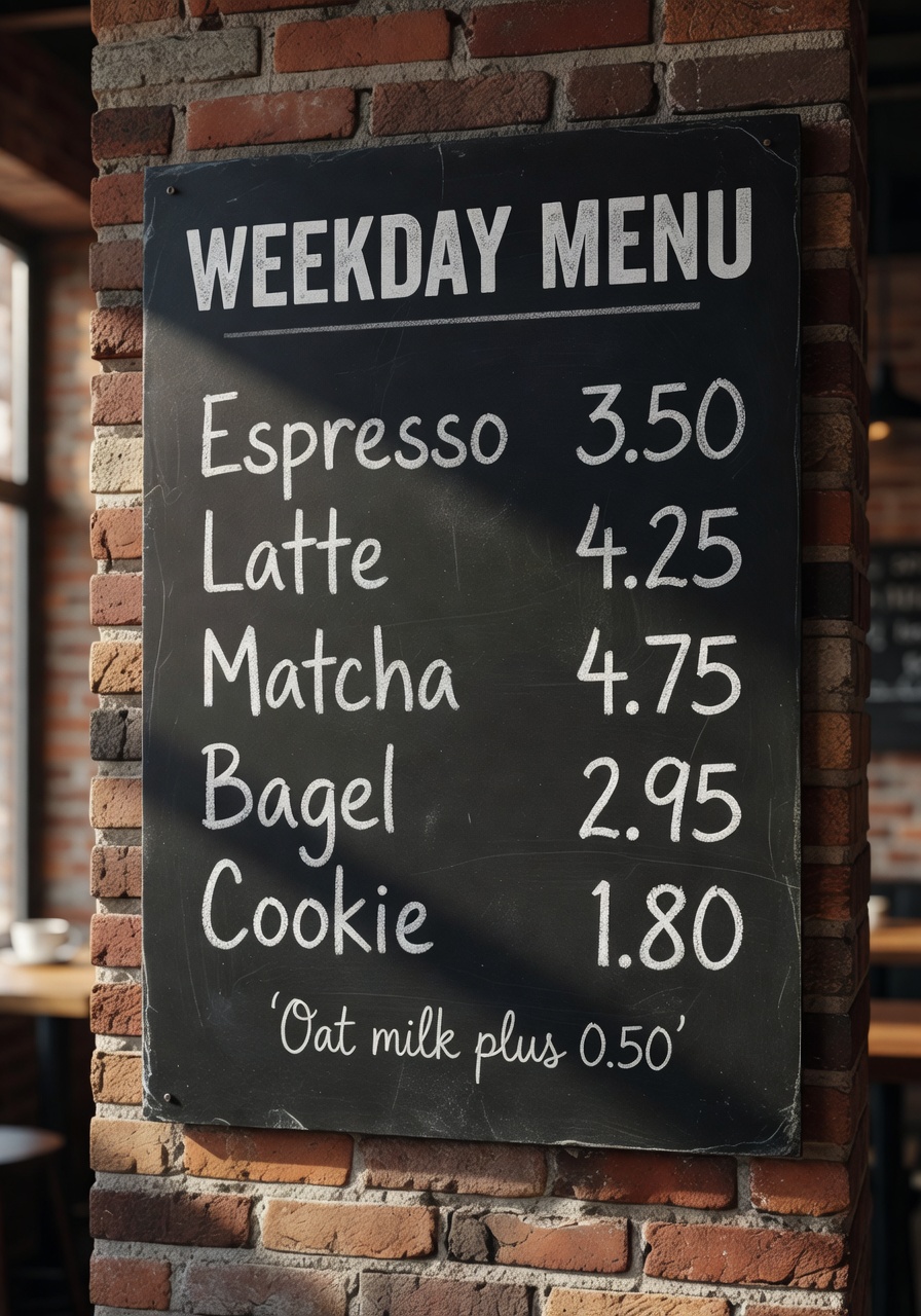 Chalkboard cafe menu with readable prices and warm lighting