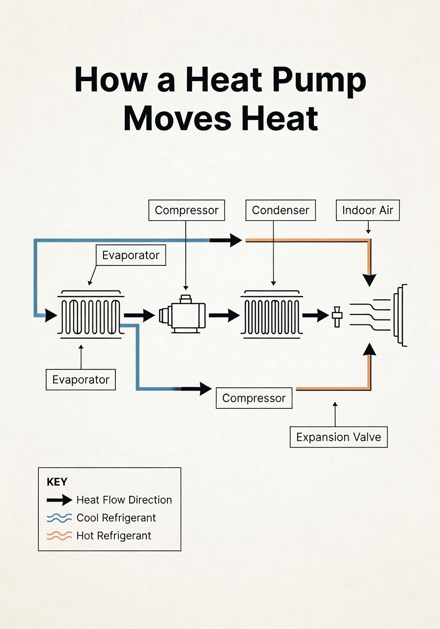 Educational infographic showing heat pump components with labels
