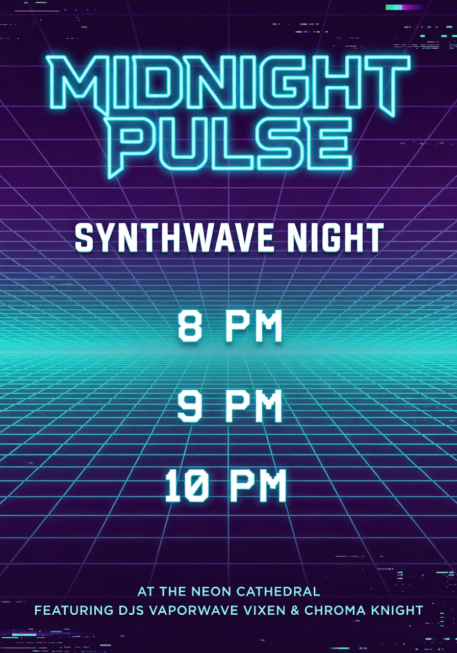 Synthwave event flyer with neon grid and bold title text
