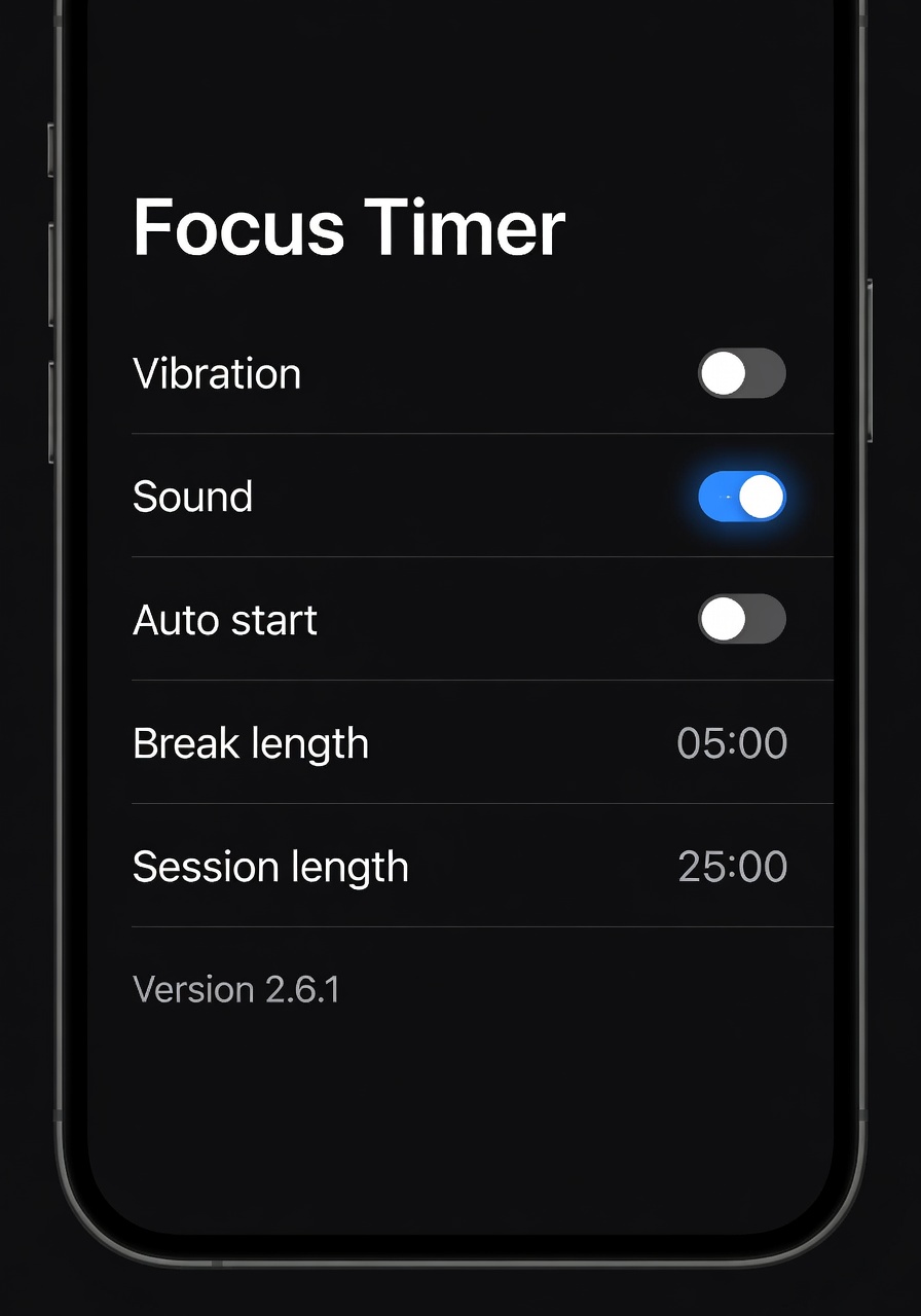 Dark mode smartphone settings screen for a focus timer app