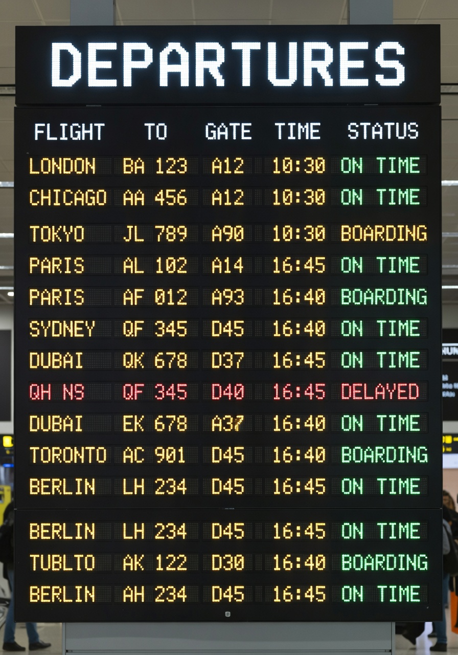 Airport departures board with dense rows and flight details