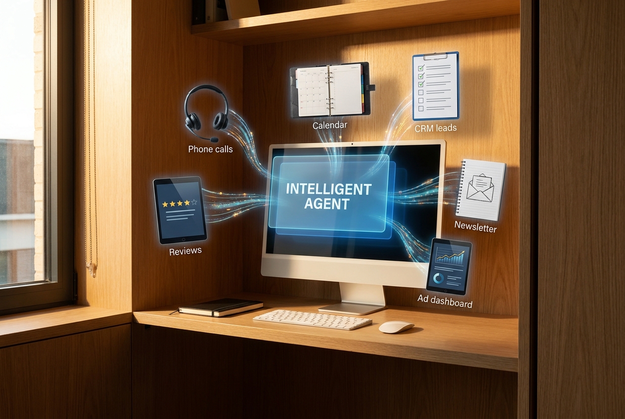 Illustration of a small business workspace where calls, leads, reviews, and marketing tasks connect through one AI workflow