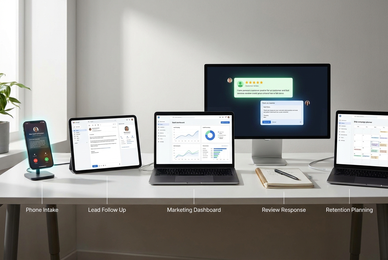 Workflow illustration showing small business operations across calls, lead follow up, marketing, support, and retention