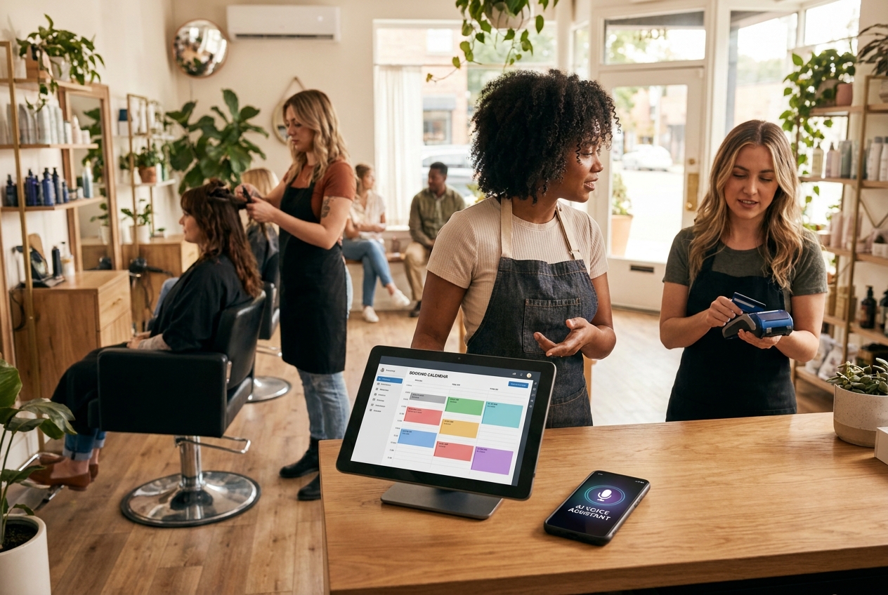 Illustration of a busy local business where an AI voice receptionist handles calls while staff serve customers