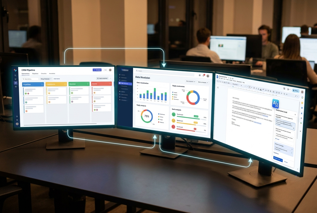 Illustration of a sales workflow where an AI agent analyzes replies and prepares next steps in the CRM