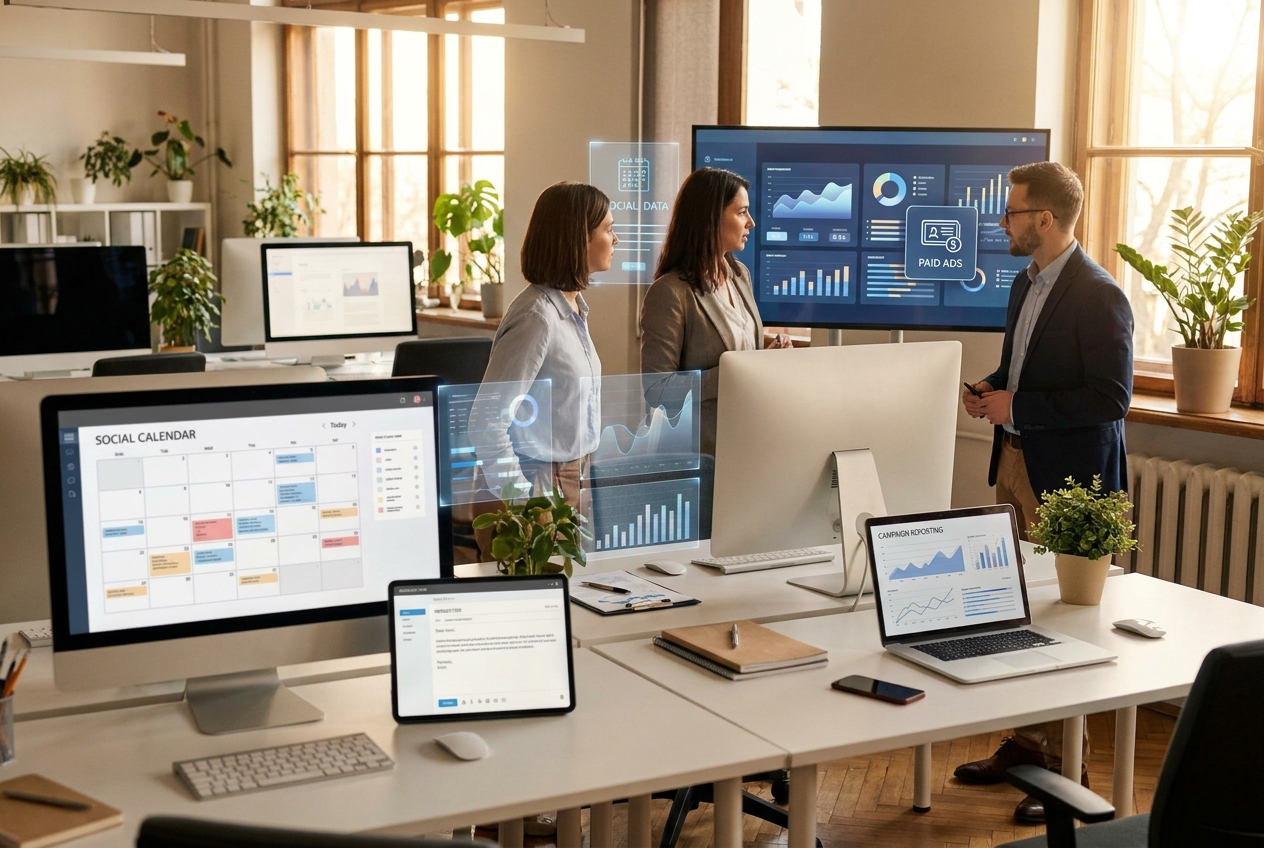 Illustration of a marketing team coordinating ads, social, newsletters, and reporting in one workflow