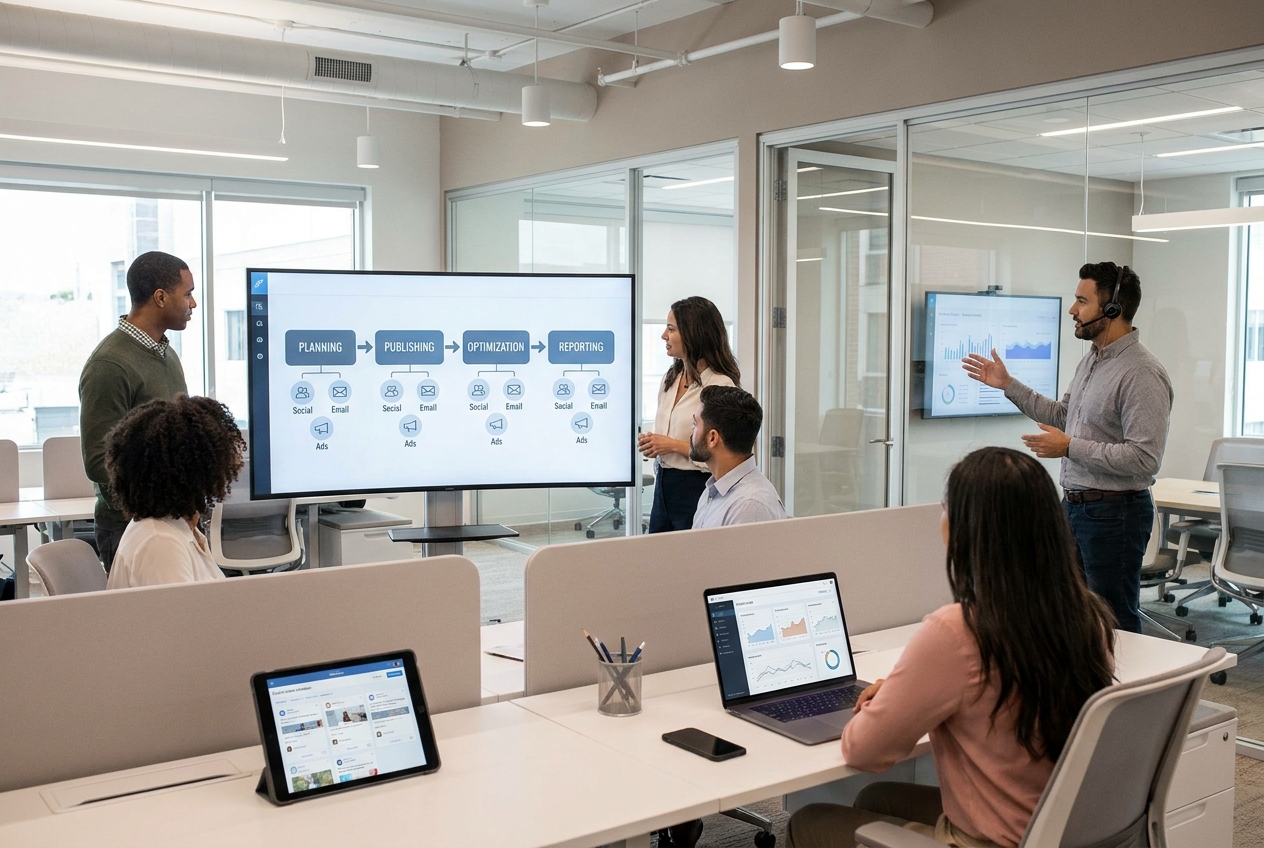 Illustration of a multichannel marketing workflow spanning planning, publishing, optimization, and reporting