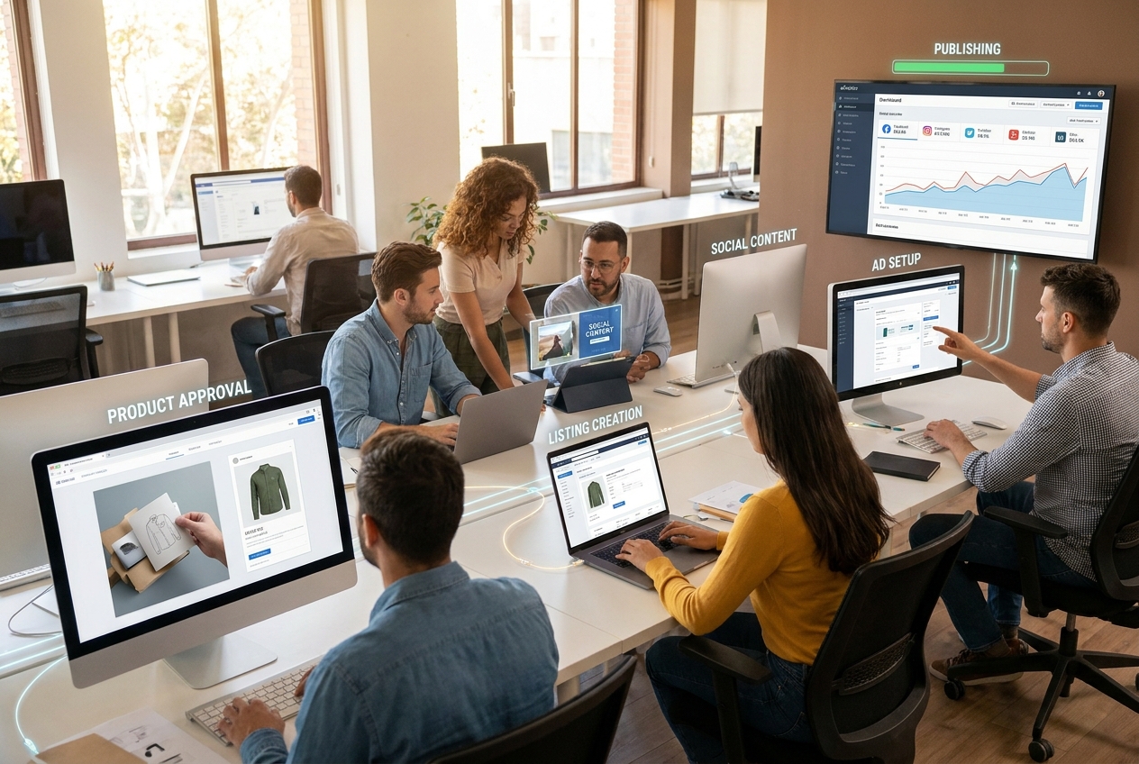 Illustration of an ecommerce launch workflow spanning listing creation, social publishing, and ads