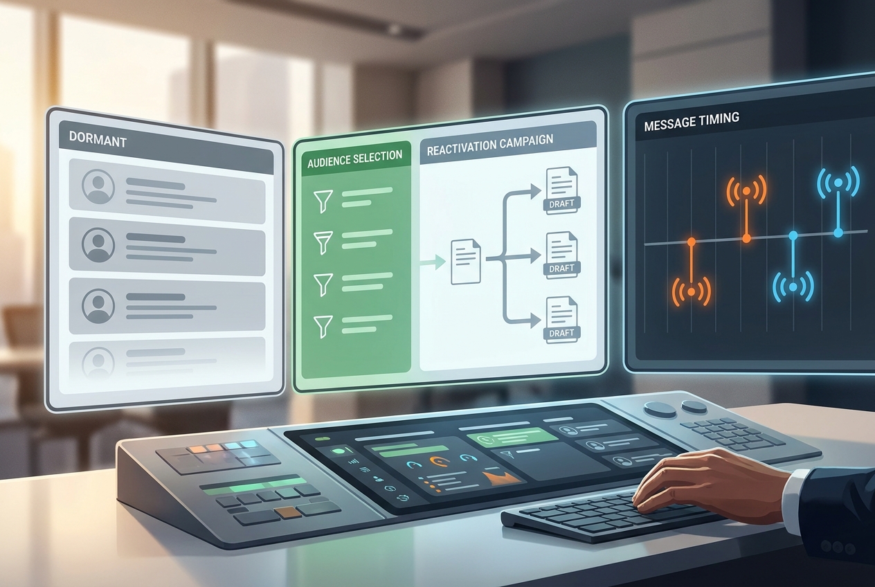 Illustration of a customer winback workflow with dormant segment selection and reactivation planning