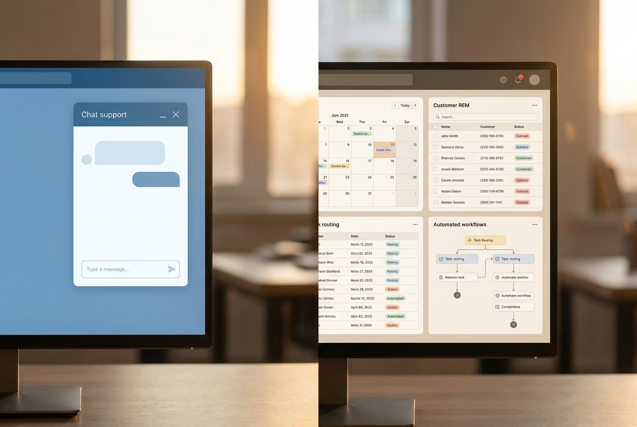 Illustration comparing a simple chatbot conversation with a multi-step AI agent workflow