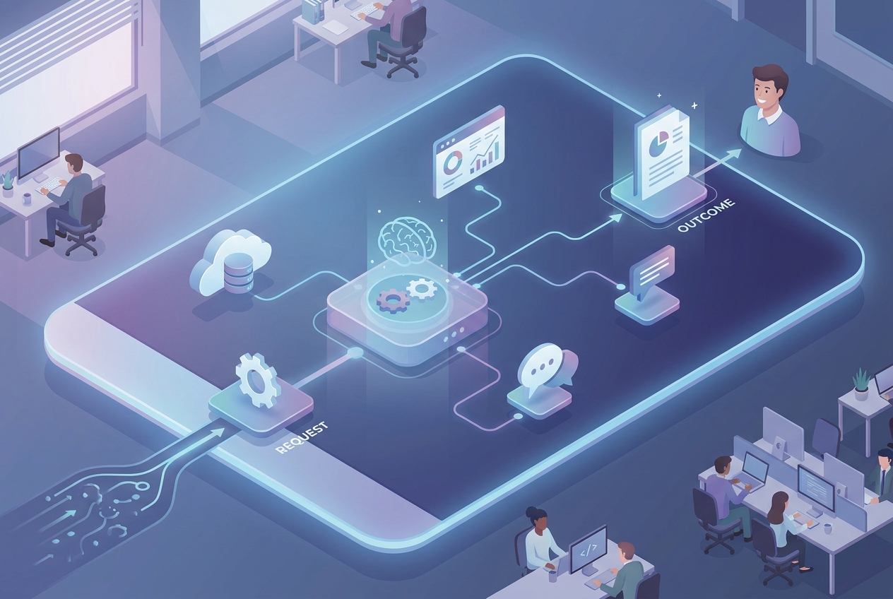Illustration of an AI agent workflow moving from request to plan to connected tools to final outcome