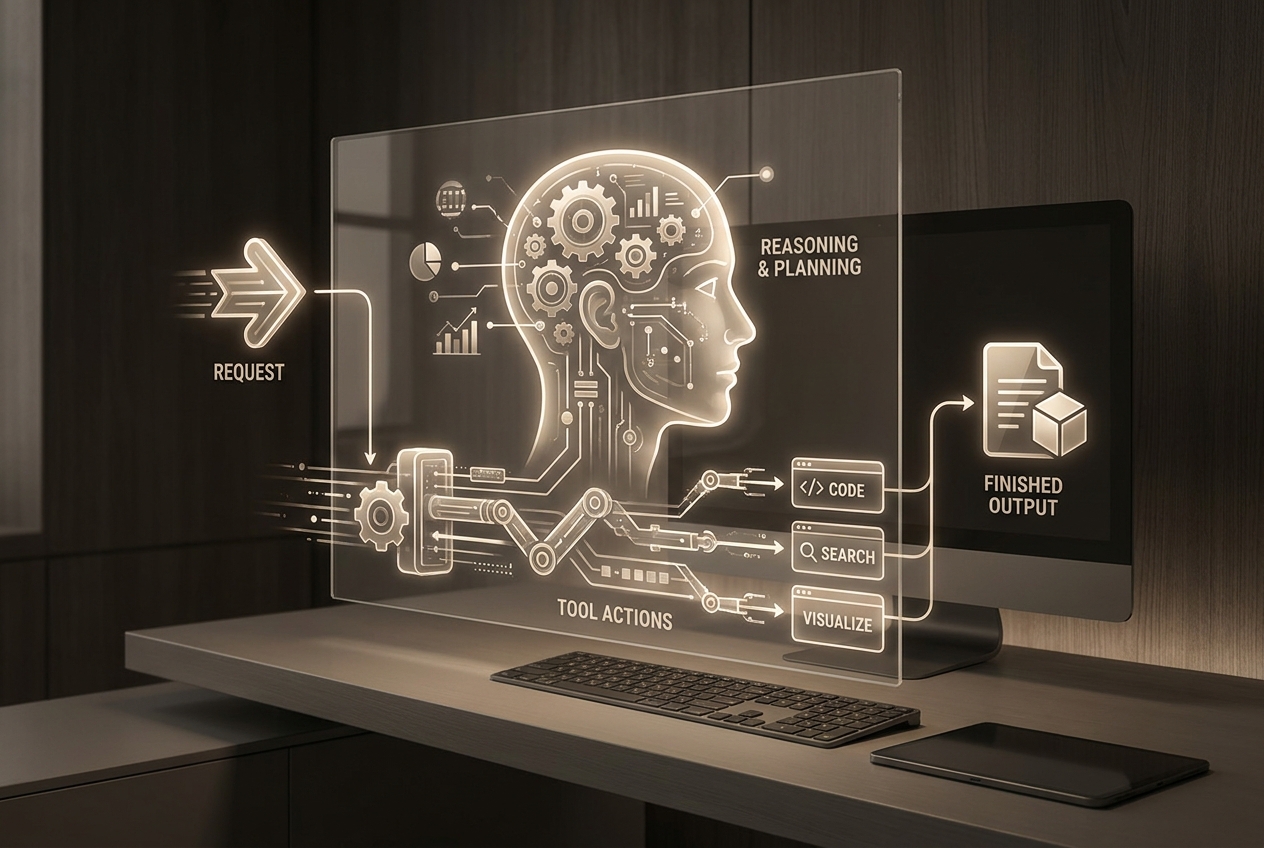 Illustration of an agent anatomy workflow moving from request through reasoning into tool execution
