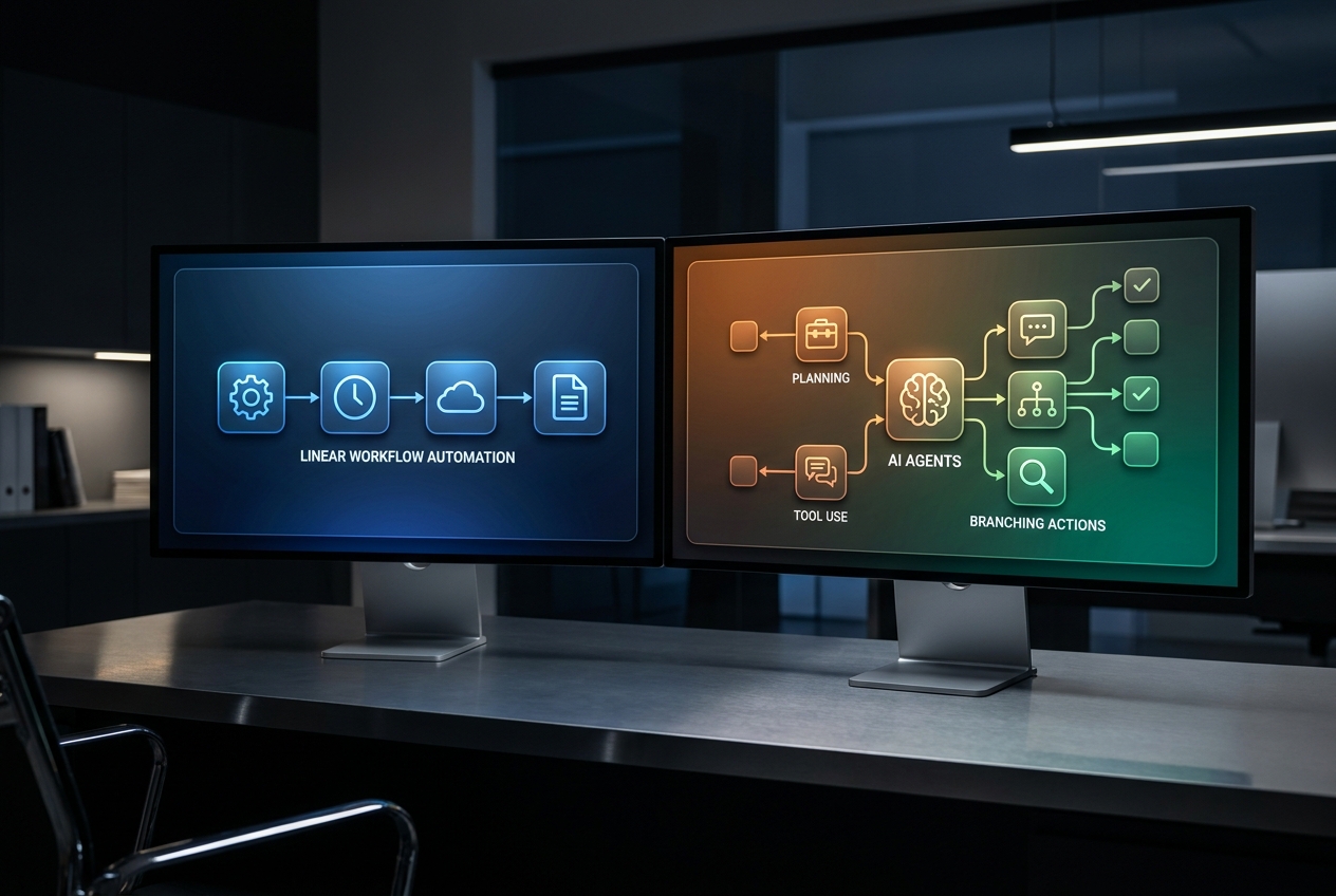 Illustration comparing fixed workflow automation with a flexible AI agent workflow