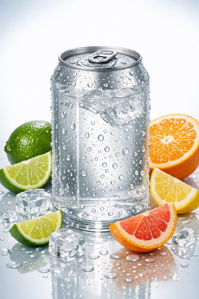 Clear beverage can with condensation, citrus slices, and ice in bright studio light
