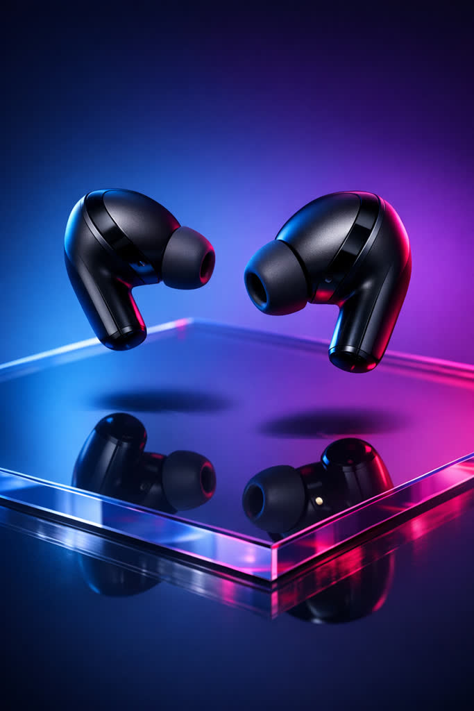 Wireless earbuds floating above a glossy surface with neon rim light
