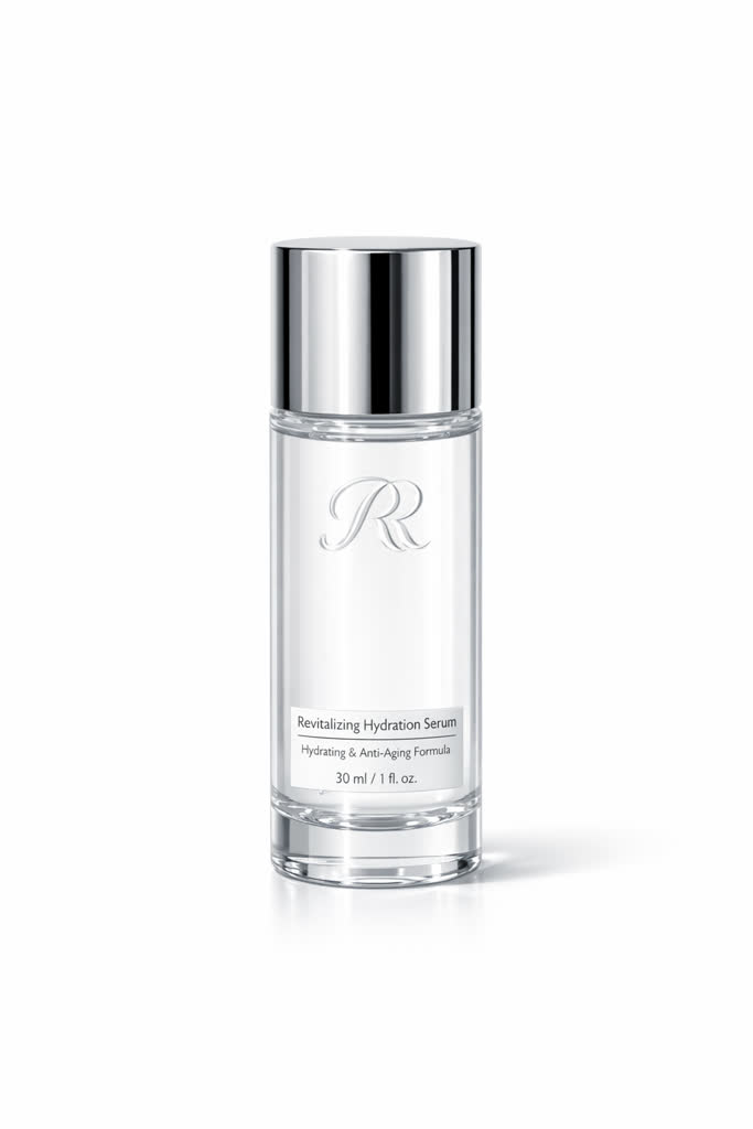 Transparent skincare bottle with a tiny readable label and chrome cap