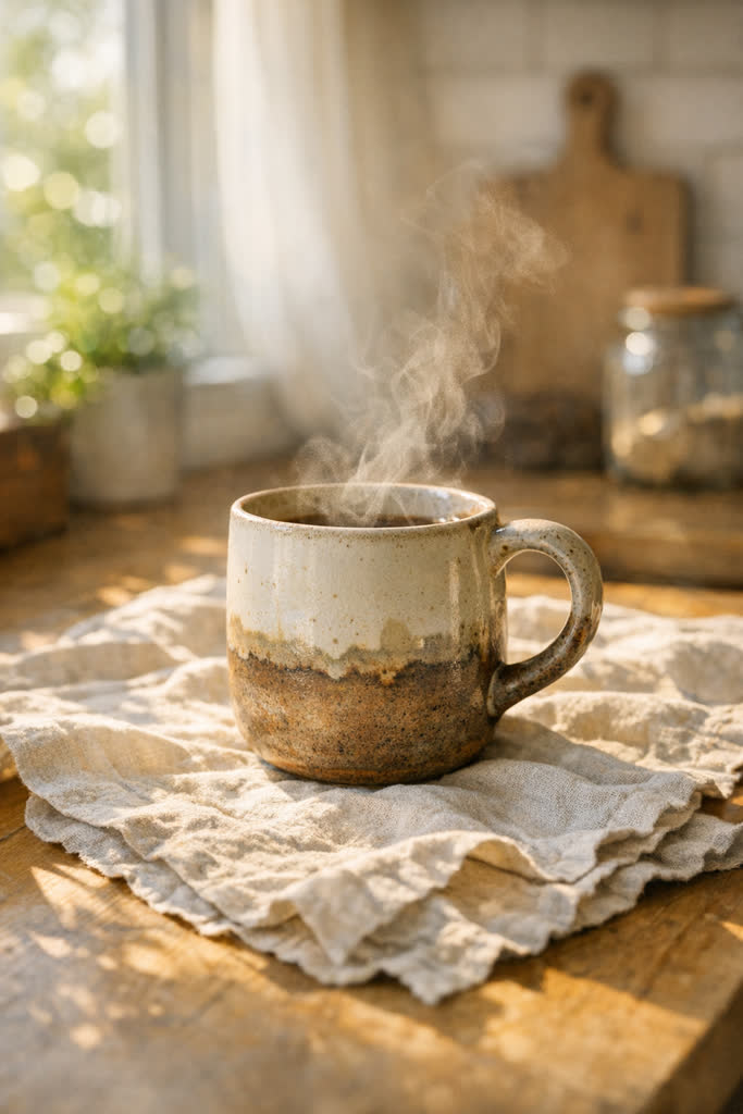 Ceramic coffee mug on a warm kitchen counter with natural morning light