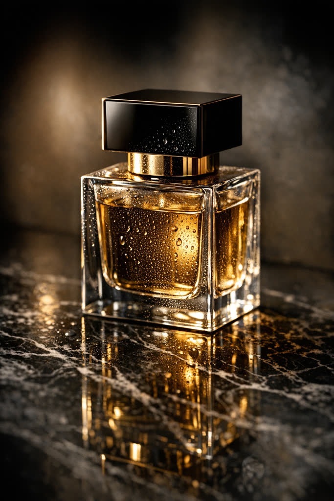 Luxury perfume bottle on dark marble with dramatic side lighting