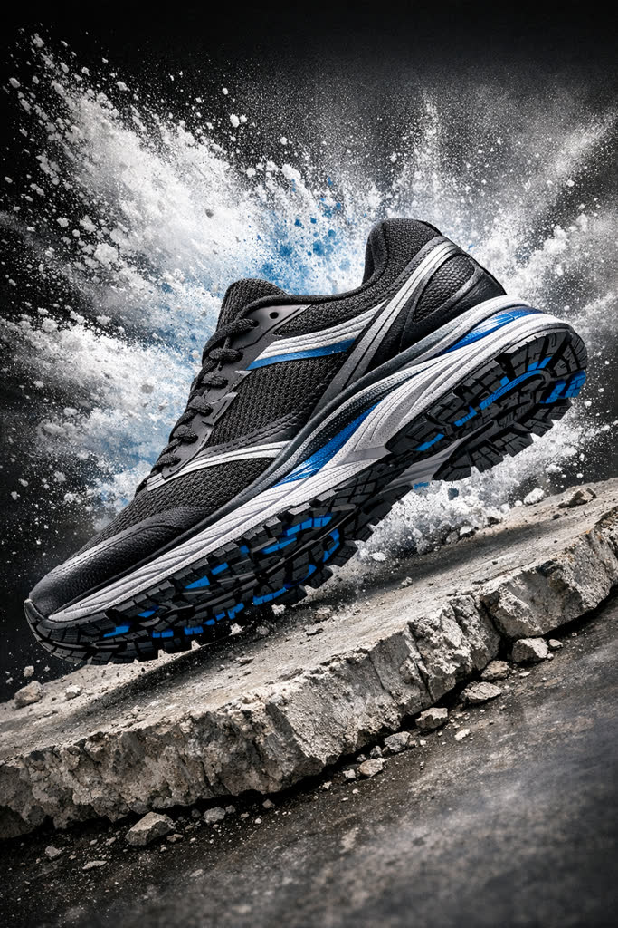 Running shoe on concrete with a powder burst and dynamic composition