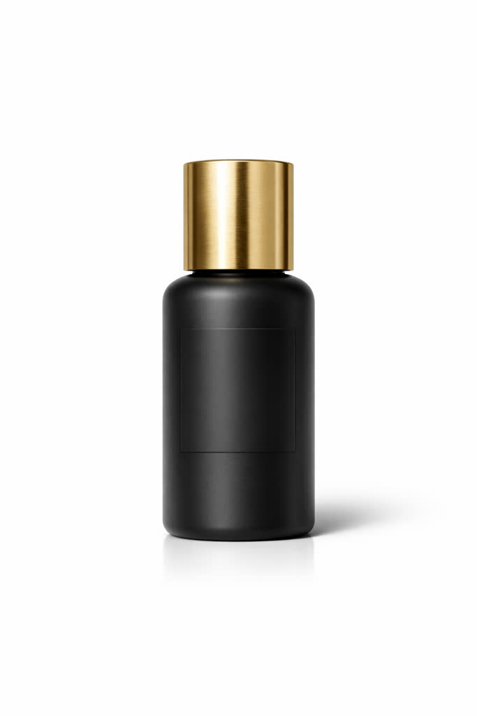 Matte black skincare serum bottle on a white seamless background
