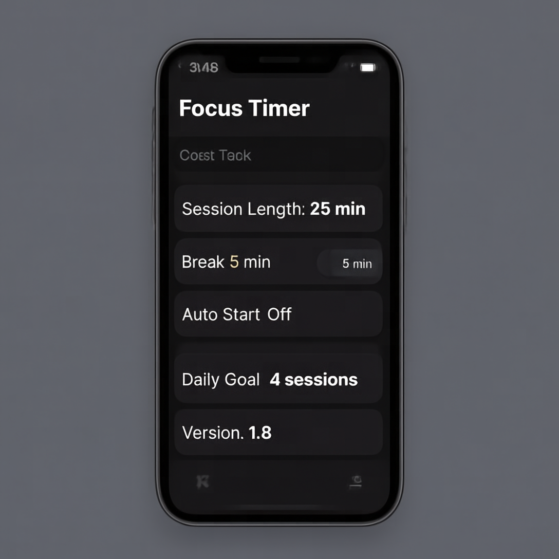Dark mode mobile settings screen with timer labels and values