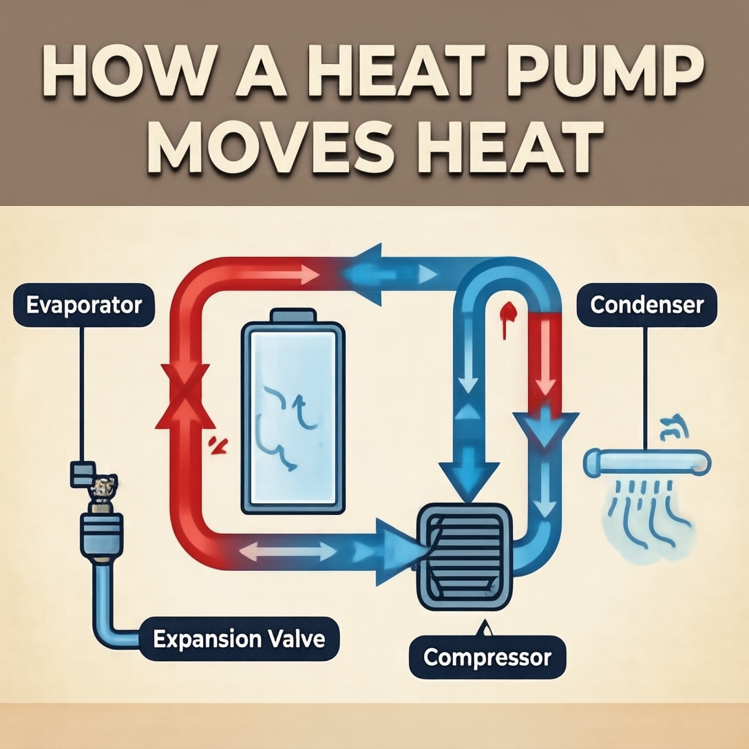 Heat pump infographic with arrows and labeled components