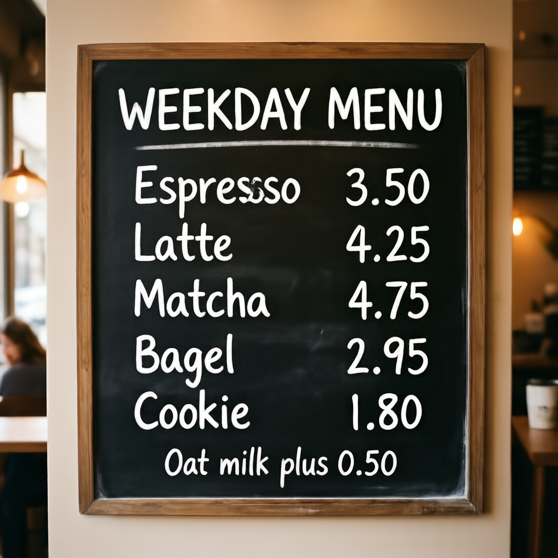 Chalkboard cafe menu with item names and prices