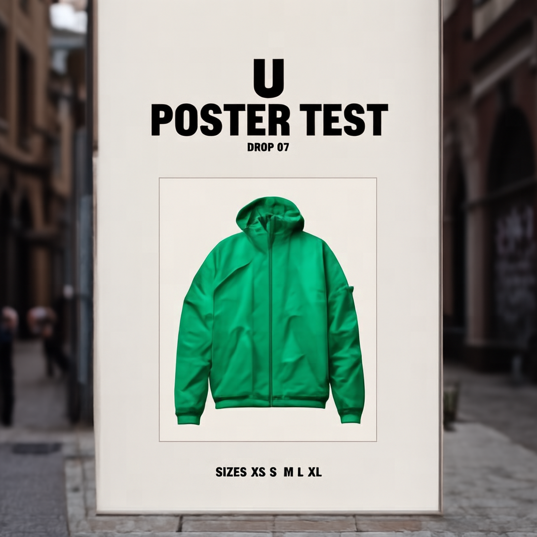 Streetwear poster with green hoodie product photo and large headline text