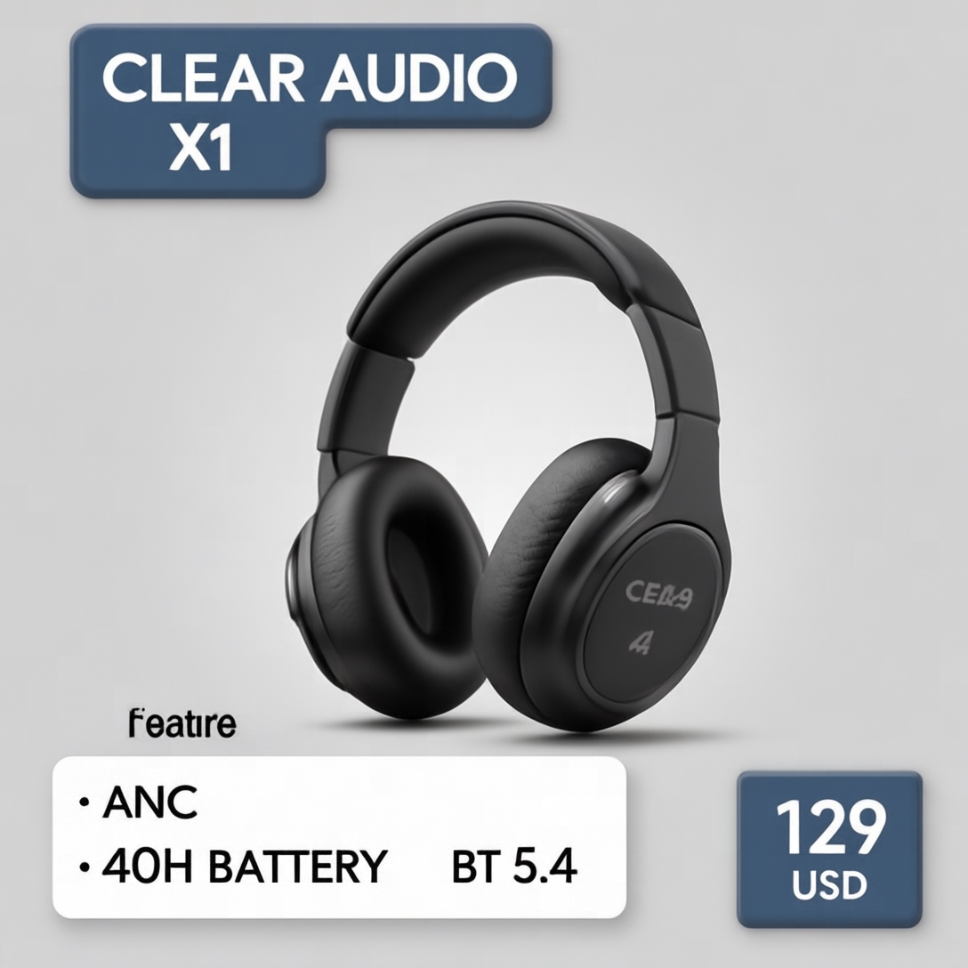 Ecommerce product card with headphone image, spec box, and price label